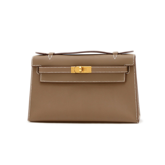 Hermes Hermès Pochette Kelly Handbag Swift Etoupe Gold Hardware K Stamp - Picture 1 of 7